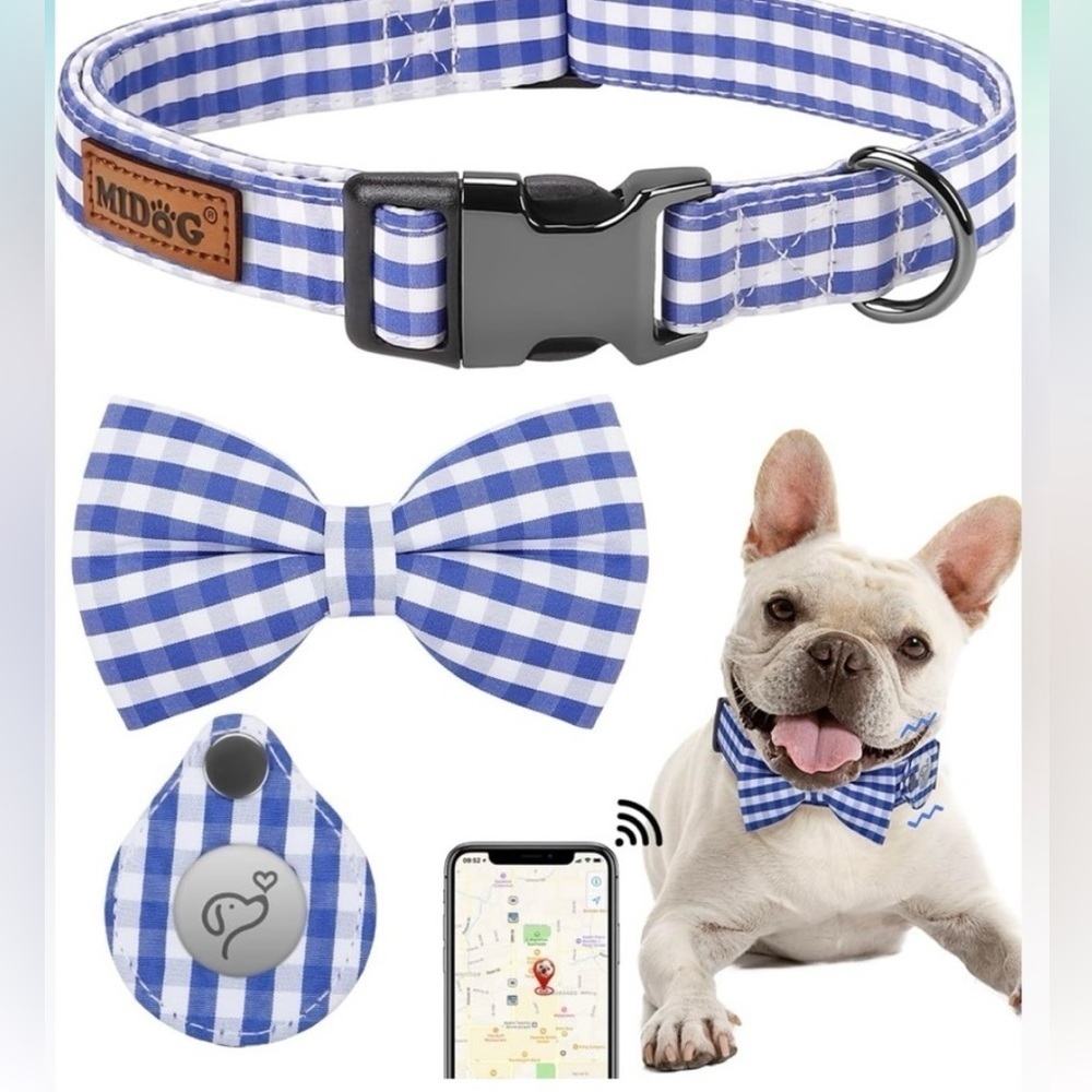 Tag Holder Case, Air Tag Pet Collar with Quick-Release Metal Buckle Blue Plaid L